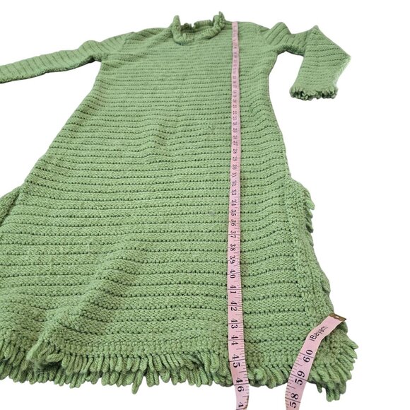 Hand-Knitted Green Fringe Long Dress With Ruffled Collar & Cuffs - Picture 3 of 7